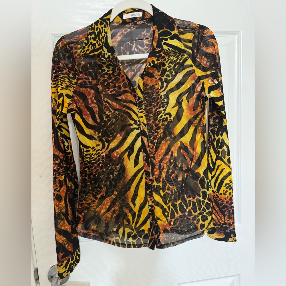 Timing Sheer Animal Print Buttoned Down Long Sleeve Blouse